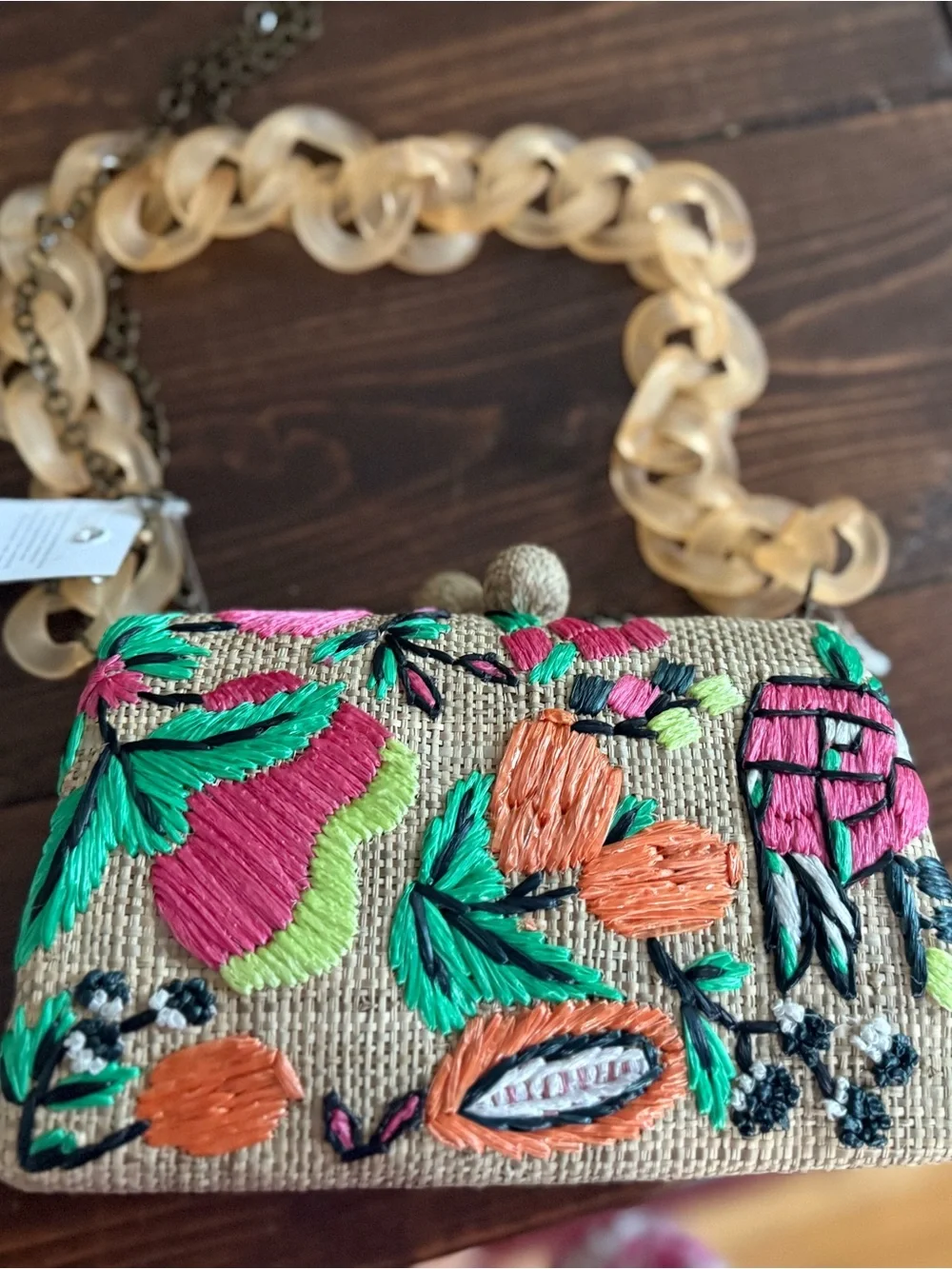 Embroidered Floral Straw Clutch with Cream Chain Strap